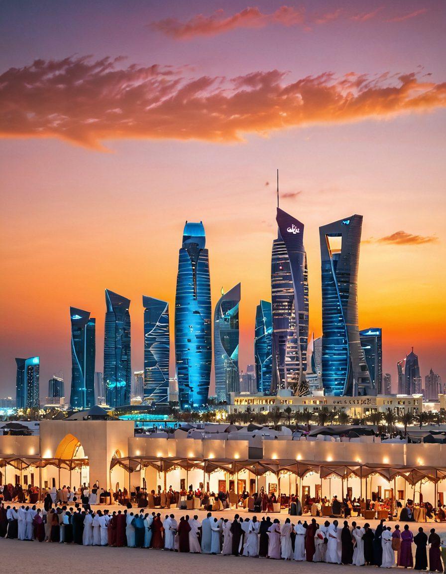 A vibrant sunset over the skyline of Doha, showcasing both modern skyscrapers and traditional Qatari architecture. In the foreground, a joyful group of people engaging in cultural activities like traditional dance and local cuisine sampling. The scene captures a fusion of heritage and contemporary life, with colorful decorations and festivities in the air. super-realistic. vibrant colors. white background.