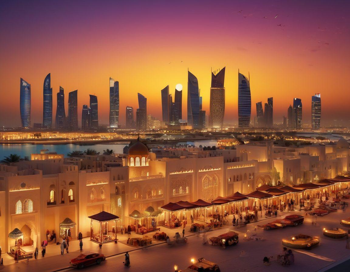 A stunning view of Qatar's skyline featuring luxurious skyscrapers, adorned with traditional Arabian designs. Include vibrant street life with cheerful locals enjoying cultural festivities, rich fabrics, and decorative lanterns illuminating the scene. Showcase a luxurious, golden sunset over the Persian Gulf, evoking a sense of bliss and harmony. super-realistic. vibrant colors. 3D.