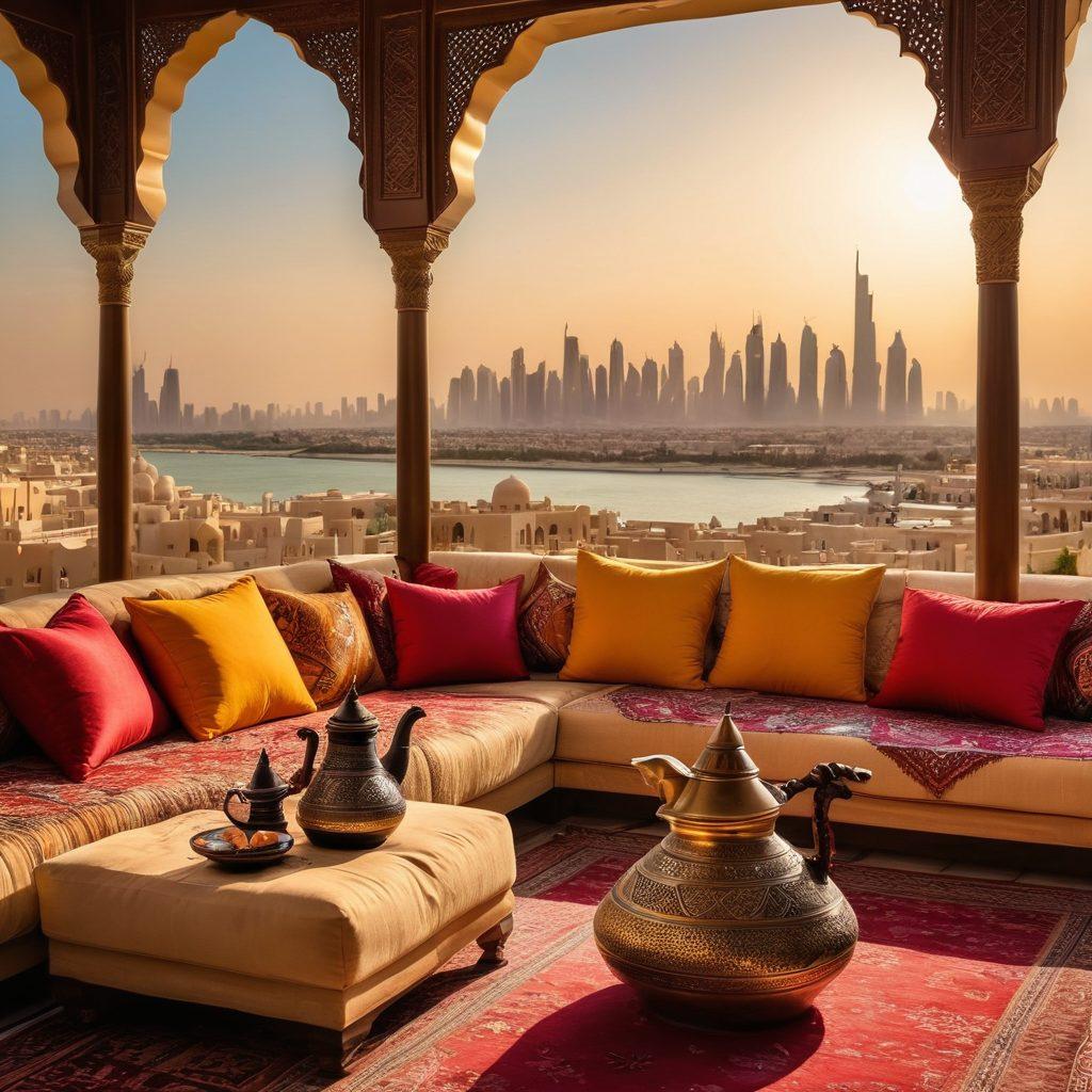 A warm and inviting scene showcasing Qatari culture, featuring a traditional majlis with intricate Arabian patterns, surrounded by colorful cushions and traditional coffee pots. Include a family enjoying local delicacies, with the skyline of Doha in the background. Gentle sunlight casts a golden hue, highlighting the joy and hospitality of Qatari life. super-realistic. vibrant colors. warm tones.